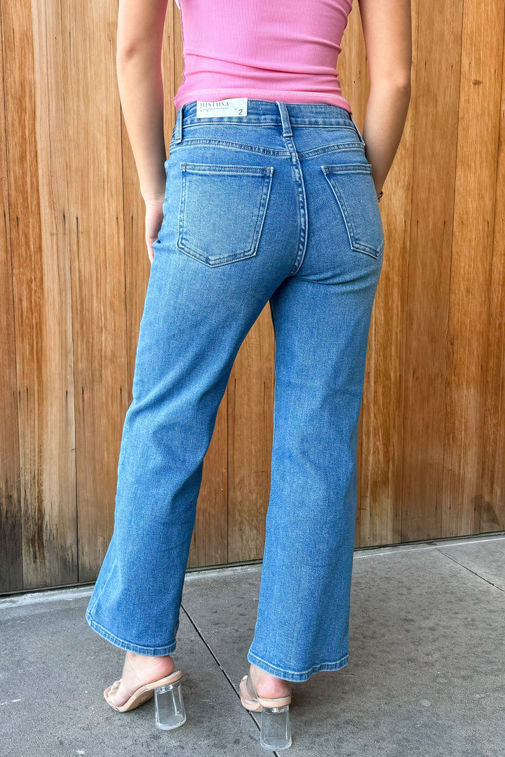 JUSTUSA: For the Vibes Slim Wide Leg Medium Wash
