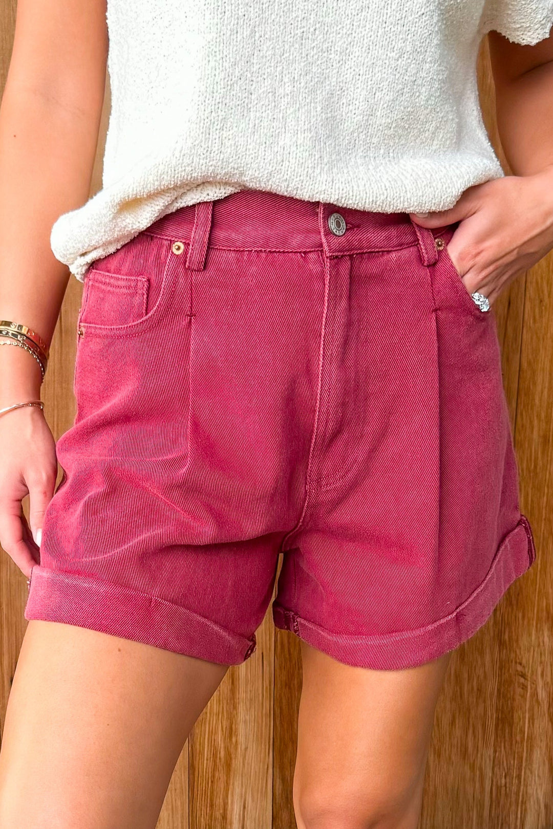 All Day Long High Waisted Shorts -Garnet