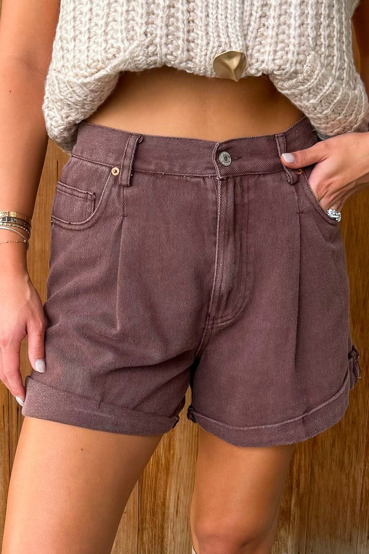 All Day Long High Waisted Shorts -Brown
