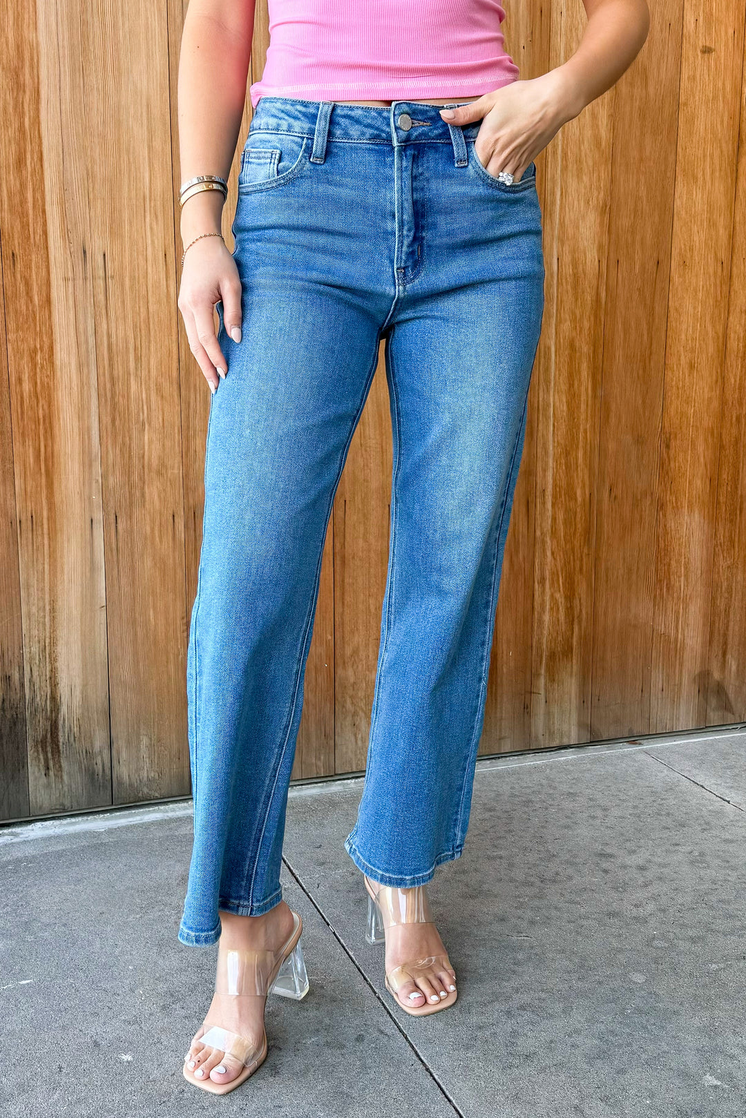 JUSTUSA: For the Vibes Slim Wide Leg Medium Wash