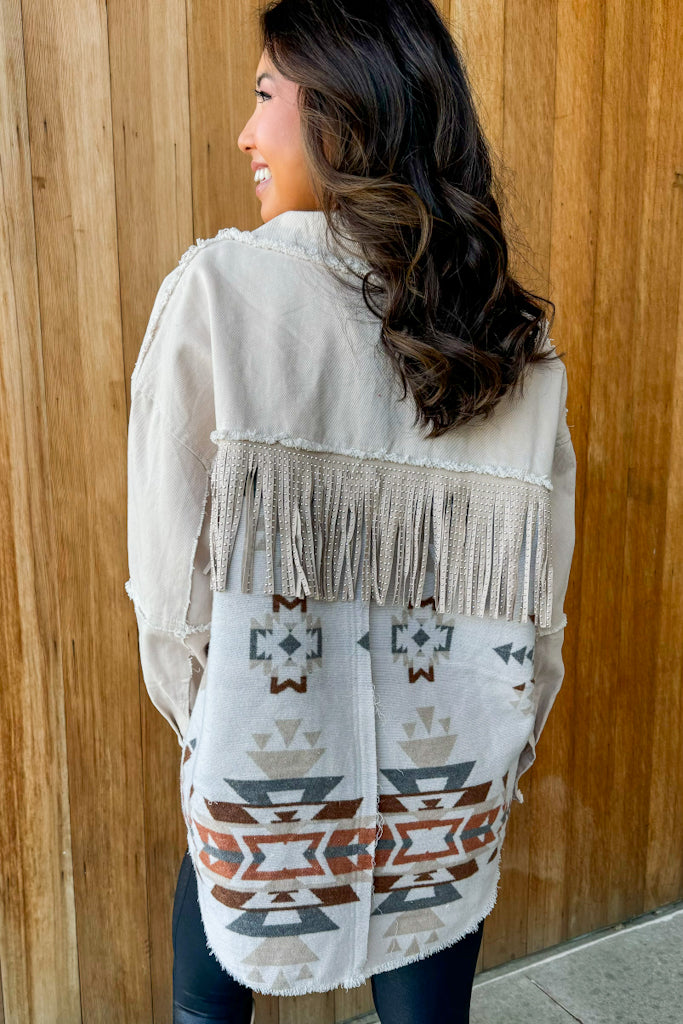 Actin' Up Taupe Studded Fringe Jacket