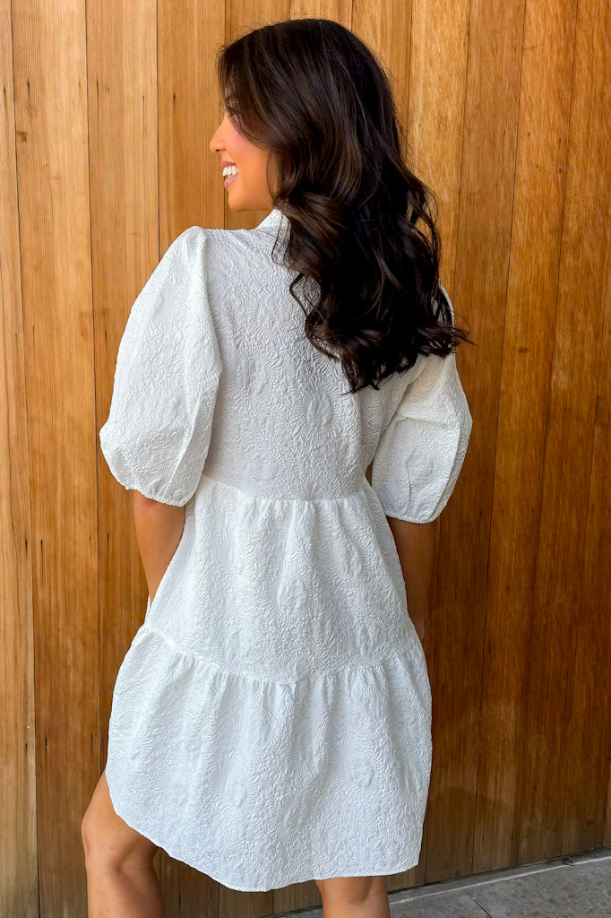 Classic Elegance White Collard Puff Sleeve Dress