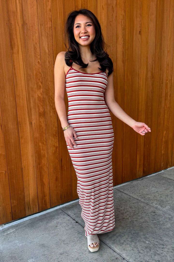 Oasis Striped Maxi Dress- Cream/ Burgundy