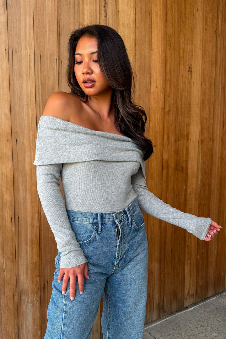 Keep Up Off the Shoulder Bodysuit - Heather Grey