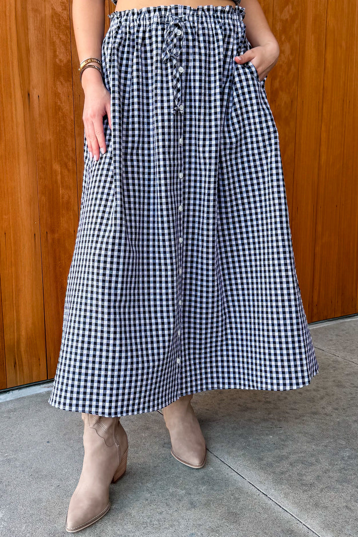 Sunny Days Gingham Midi Skirt - Black