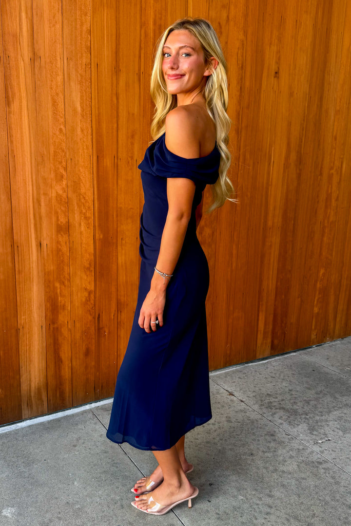 Risk it All Asymmetrical Dress- Navy