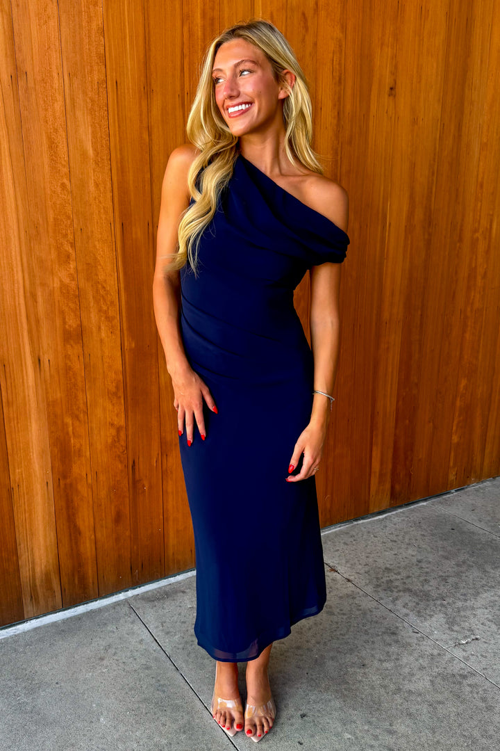 Risk it All Asymmetrical Dress- Navy