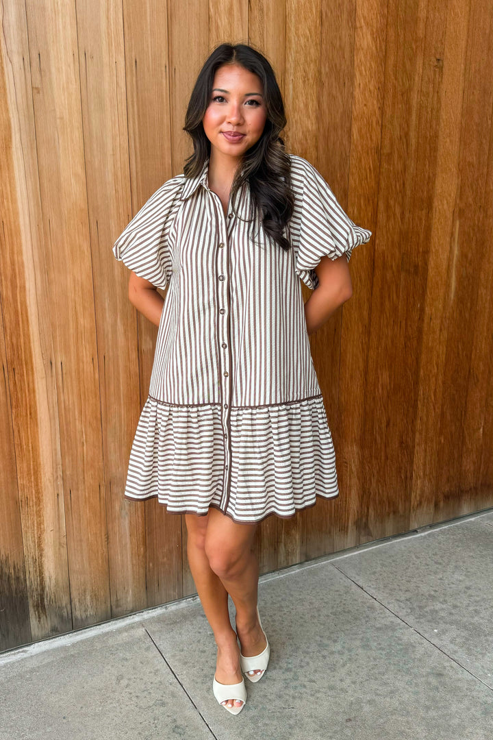 On a Whim Striped Dress- Brown