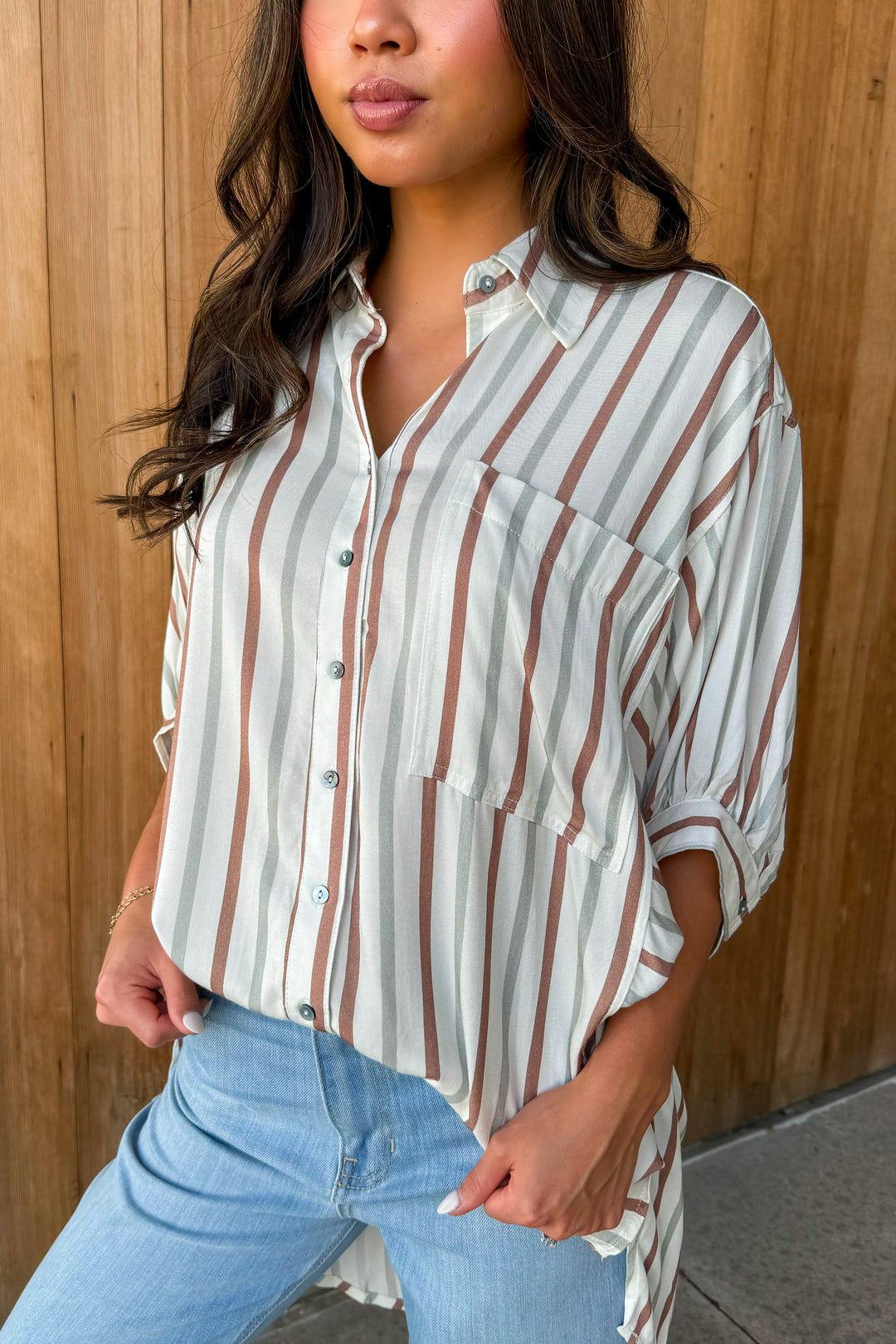 Gone Again Brown Striped Button Down Top