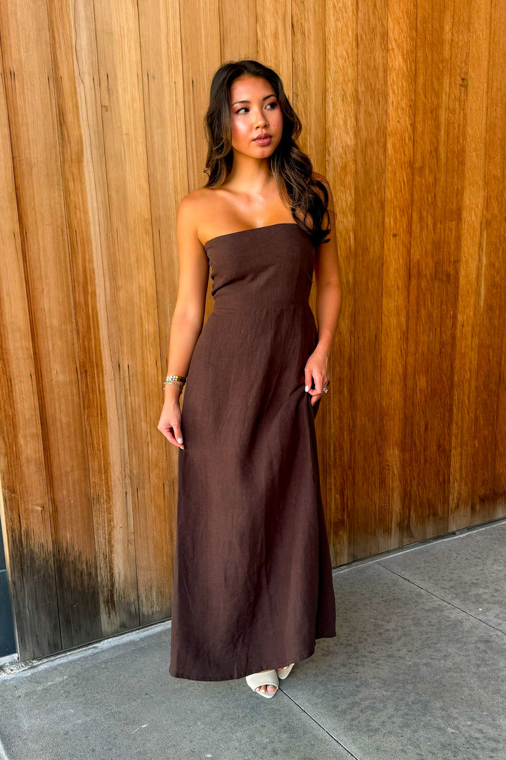 Sandy Shoreline Espresso Linen Maxi Dress