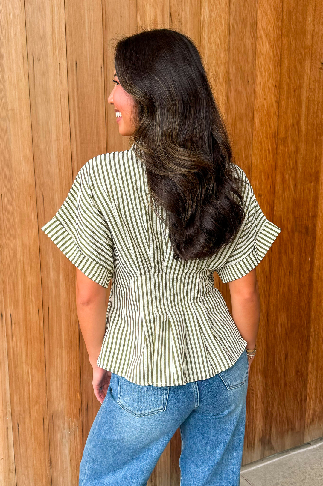 A New Light Striped Top- Olive