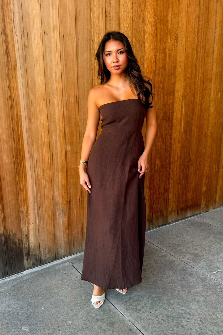 Sandy Shoreline Espresso Linen Maxi Dress
