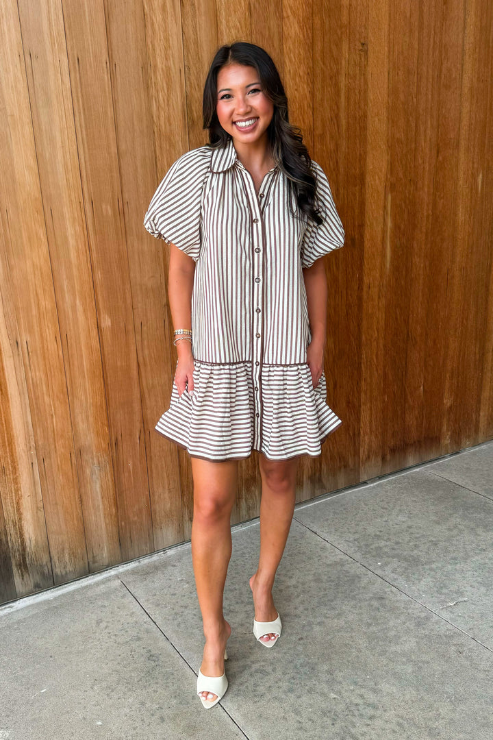 On a Whim Striped Dress- Brown