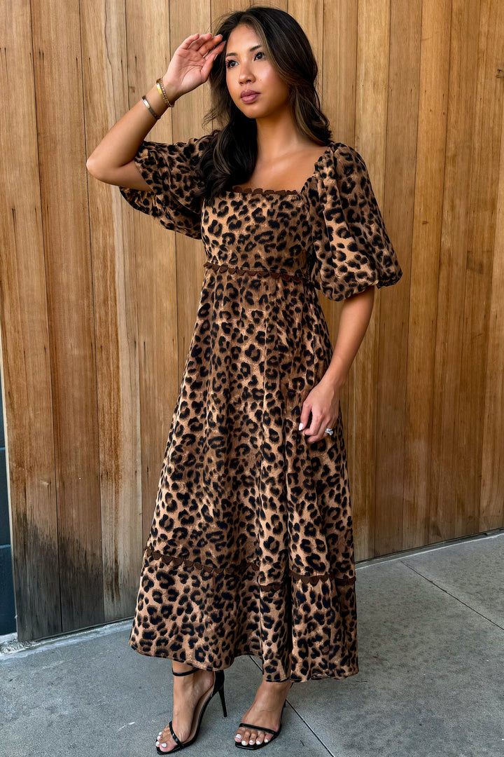 Spotted You Leopard puff sleeve Midi Dress