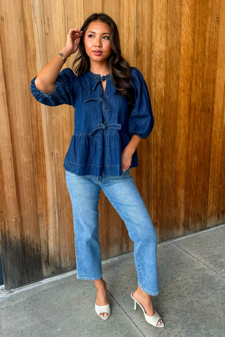 Tied To Perfection Dark Denim Bow Top