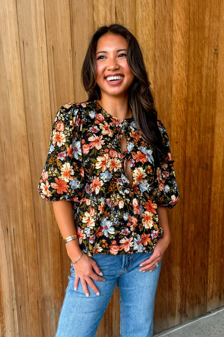 Tied To Perfection Black  Floral Bow Top