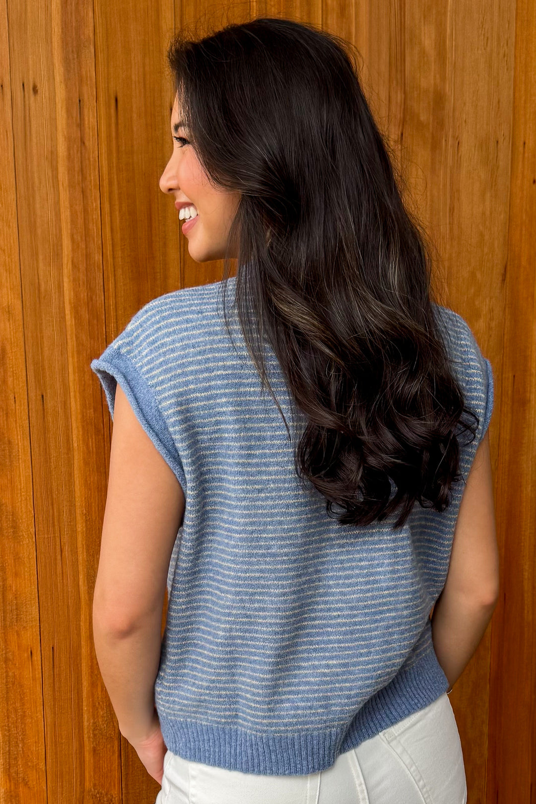 Piper Vest Cardigan-Dusty Blue Striped