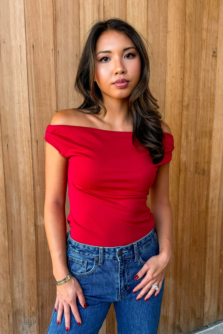 VIP Treatment Red Open Shoulder Top