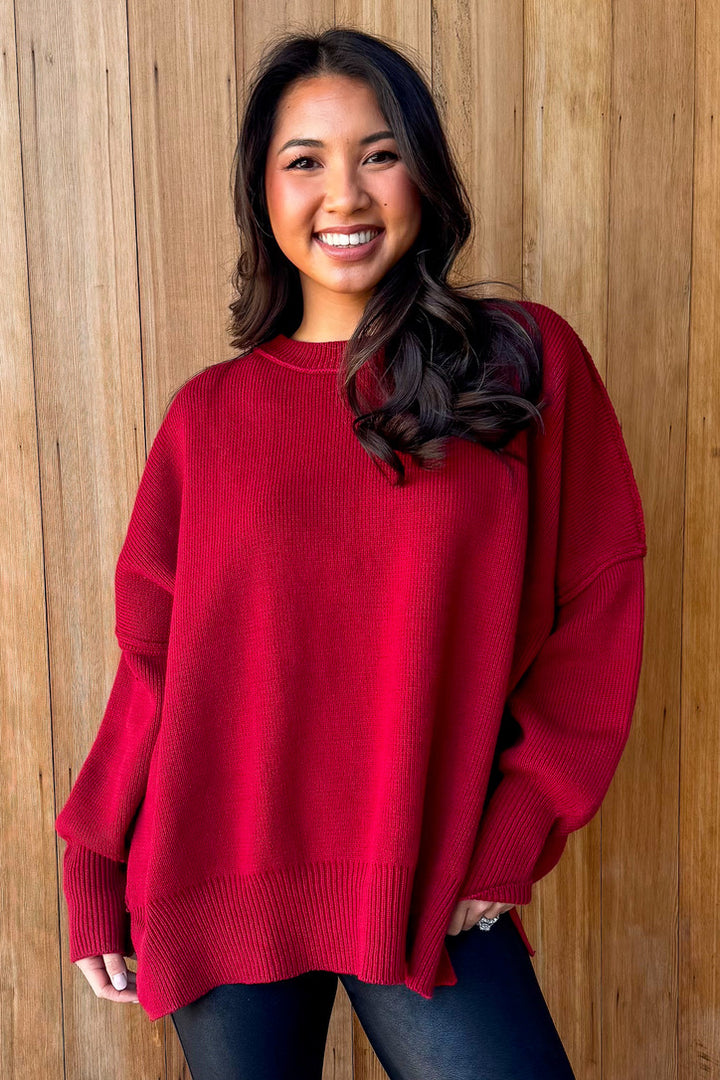 Right For You Oversized Knit Sweater- Crimson