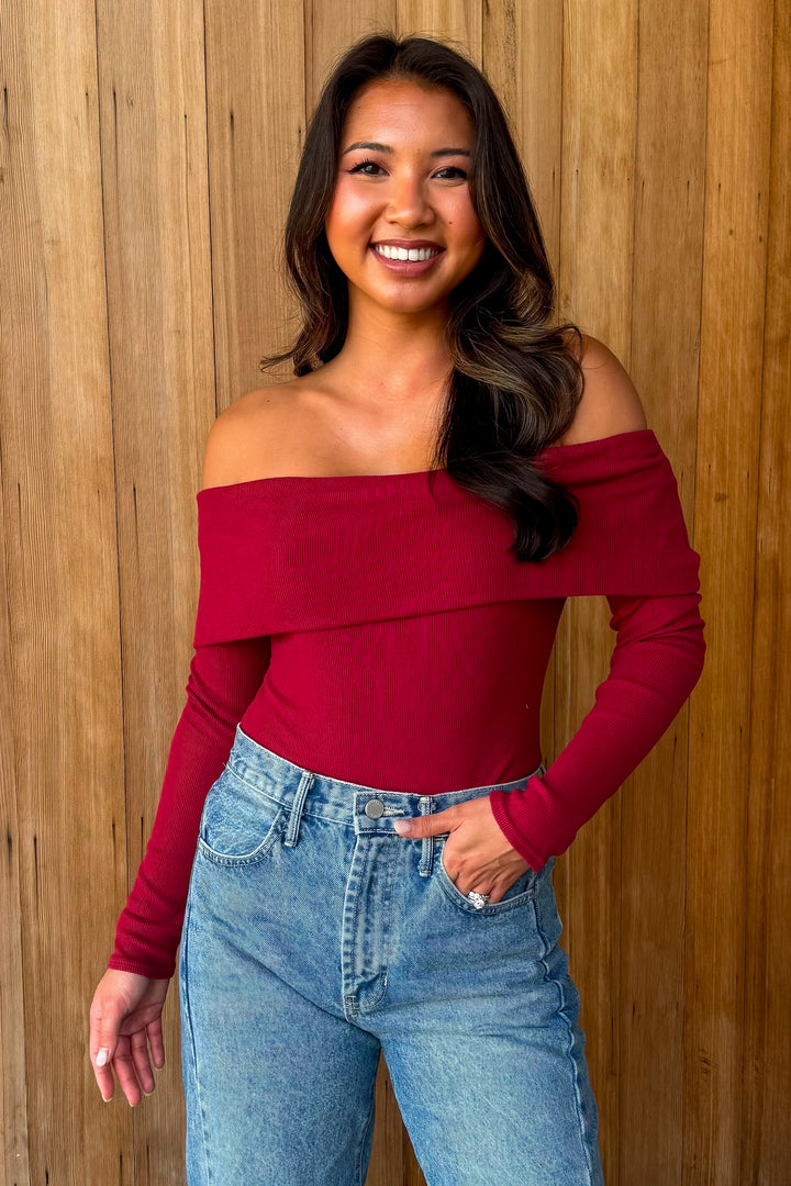 Keep Up Off the Shoulder Bodysuit - Crimson