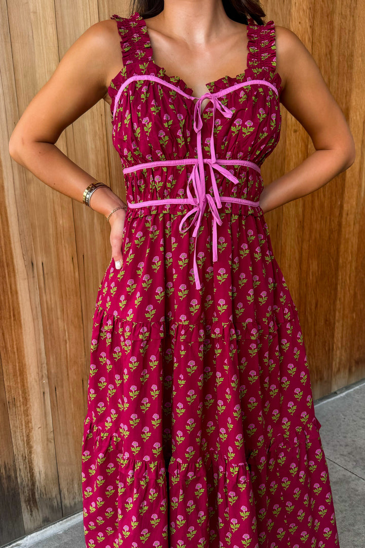 To be Loved Floral Tiered Midi Dress - Burgundy