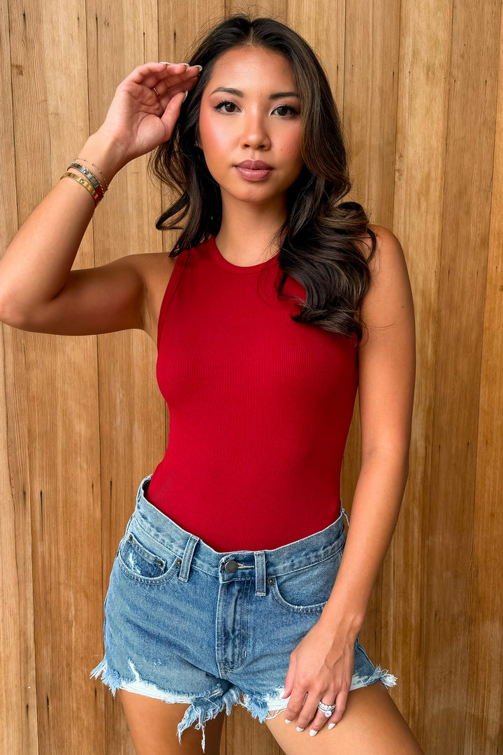 So Smiley Crimson Sleeveless Bodysuit