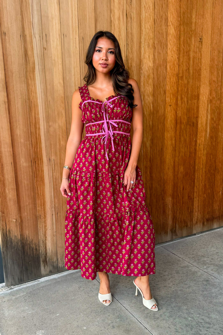 To be Loved Floral Tiered Midi Dress - Burgundy