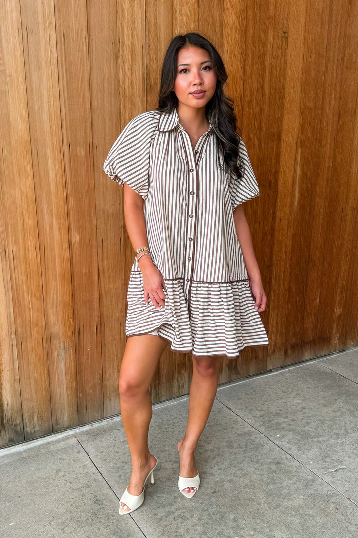 On a Whim Striped Dress- Brown