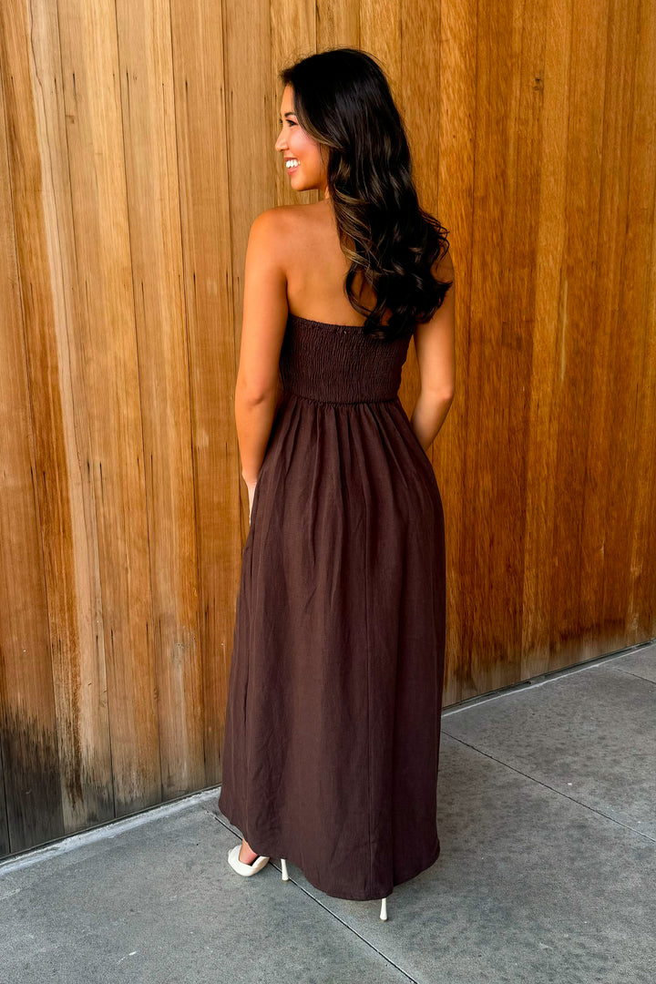 Sandy Shoreline Espresso Linen Maxi Dress