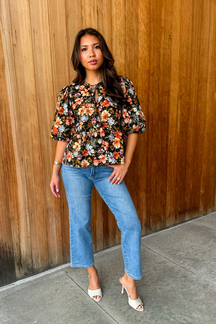 Tied To Perfection Black  Floral Bow Top