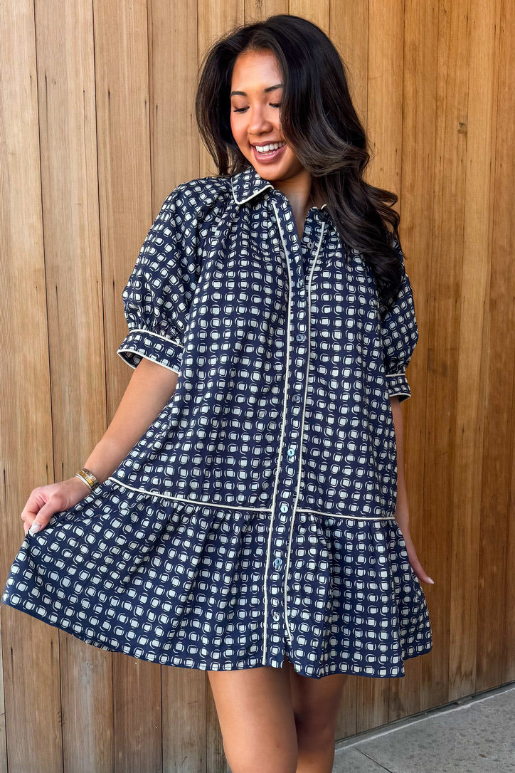 Got me Wondering Navy Geo Dress