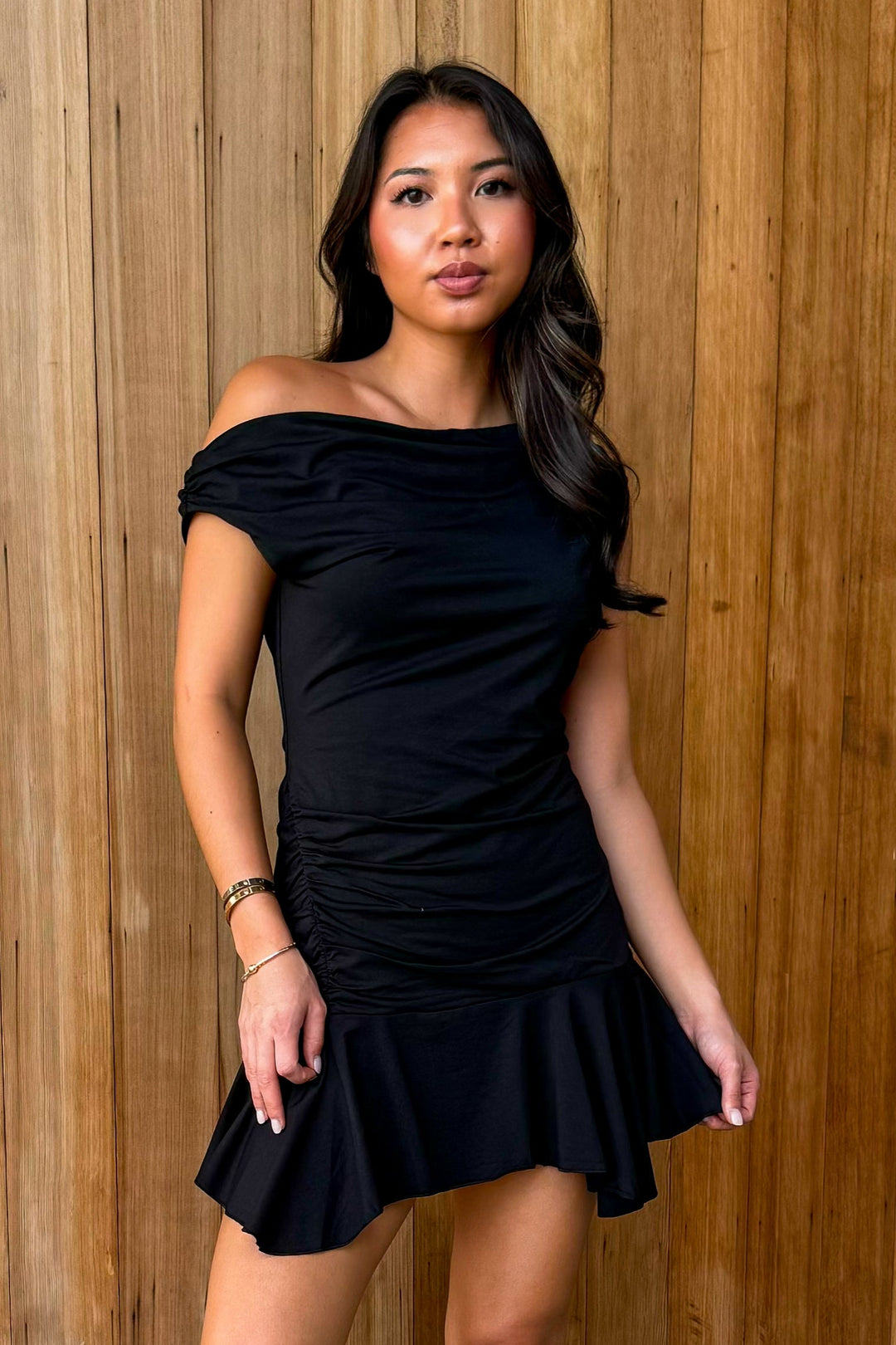 Worth It Off the Shoulder Mini Dress -Black