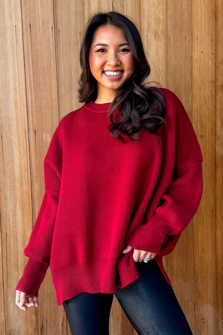 Right For You Oversized Knit Sweater- Crimson
