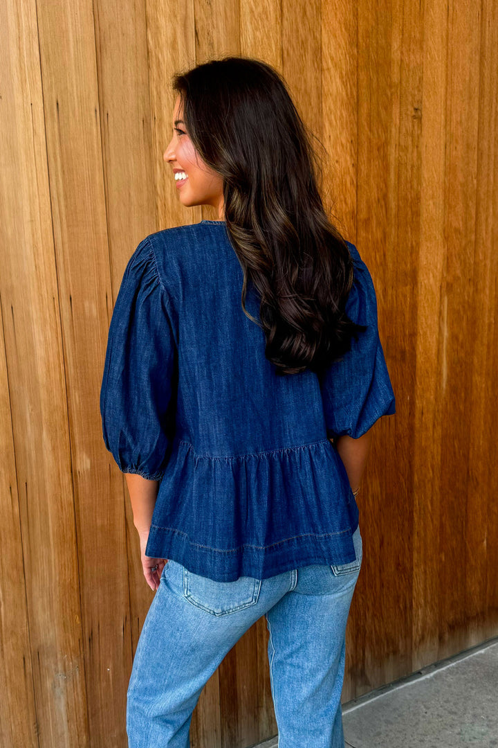 Tied To Perfection Dark Denim Bow Top