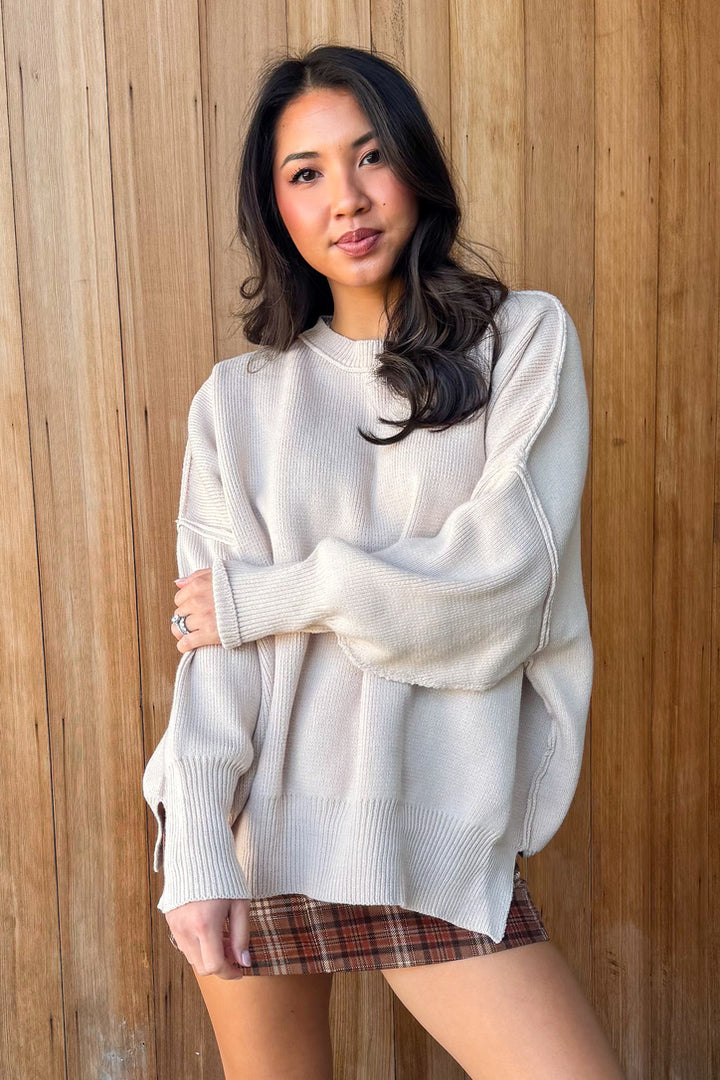 Right For You Oversized Knit Sweater- Almond
