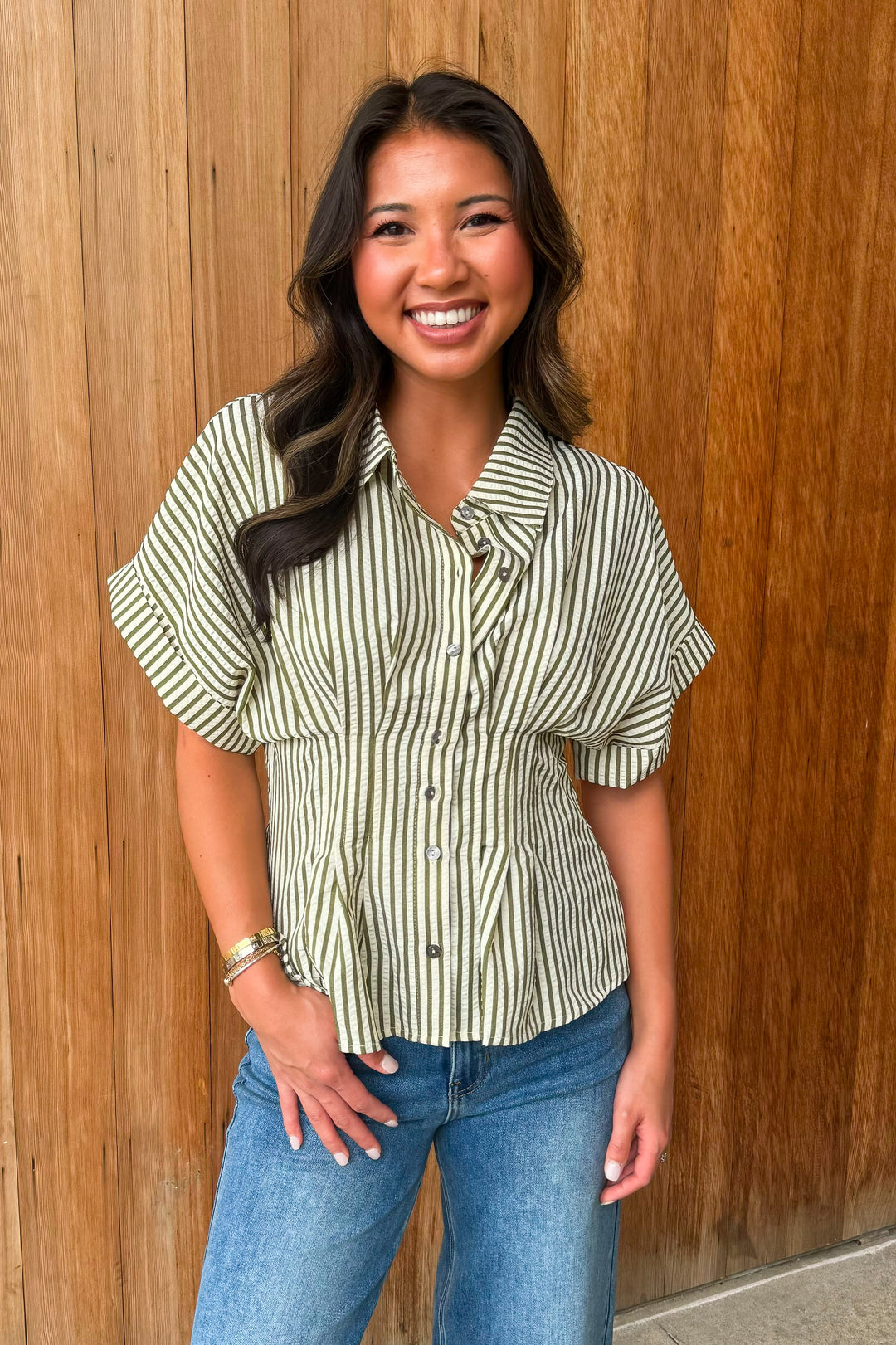 A New Light Striped Top- Olive