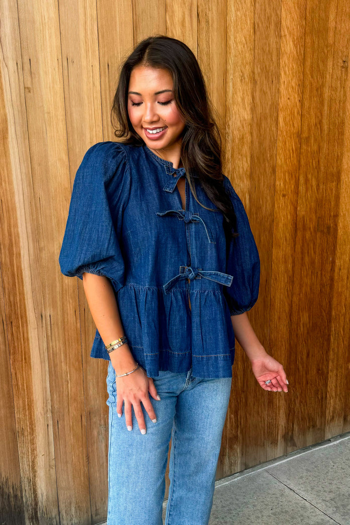 Tied To Perfection Dark Denim Bow Top