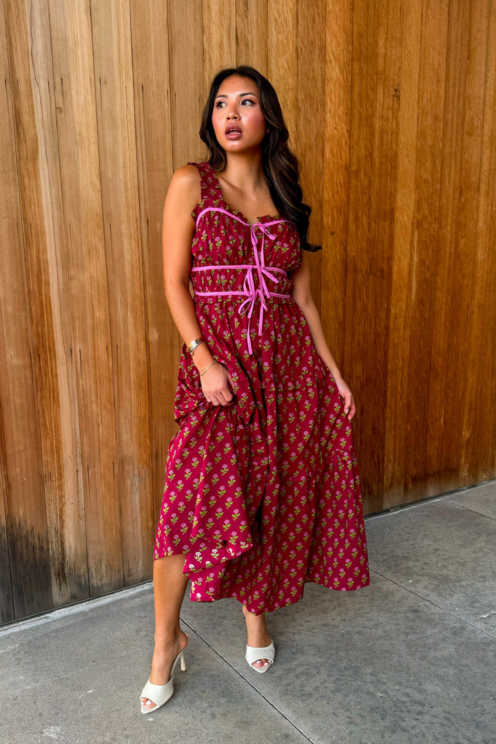 To be Loved Floral Tiered Midi Dress - Burgundy
