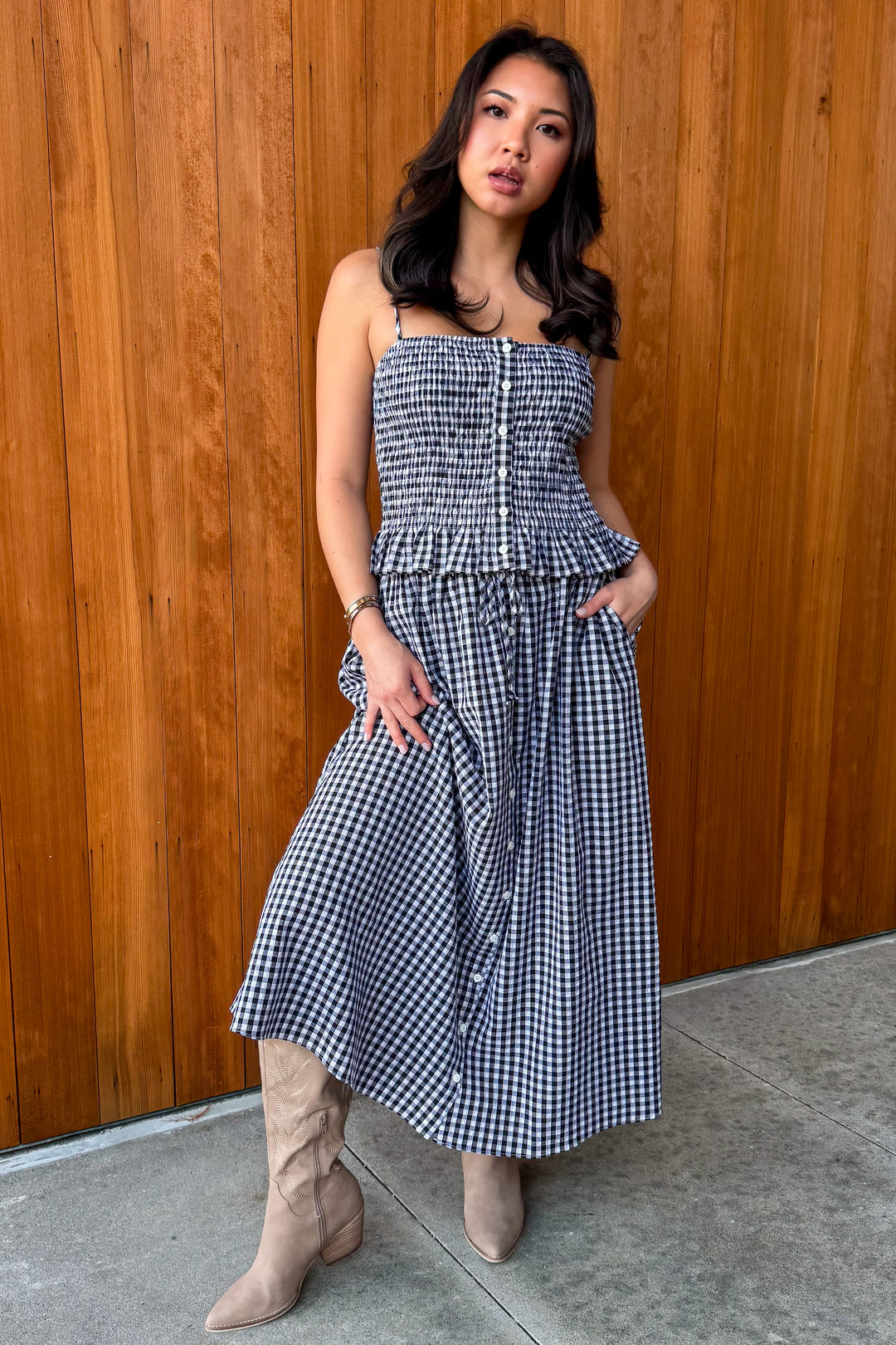 Sunny Days Gingham Midi Skirt - Black