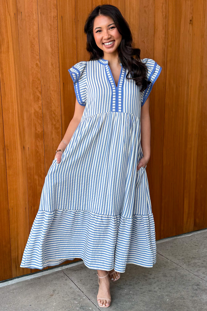 Read my Mind Striped Midi Dress - Blue