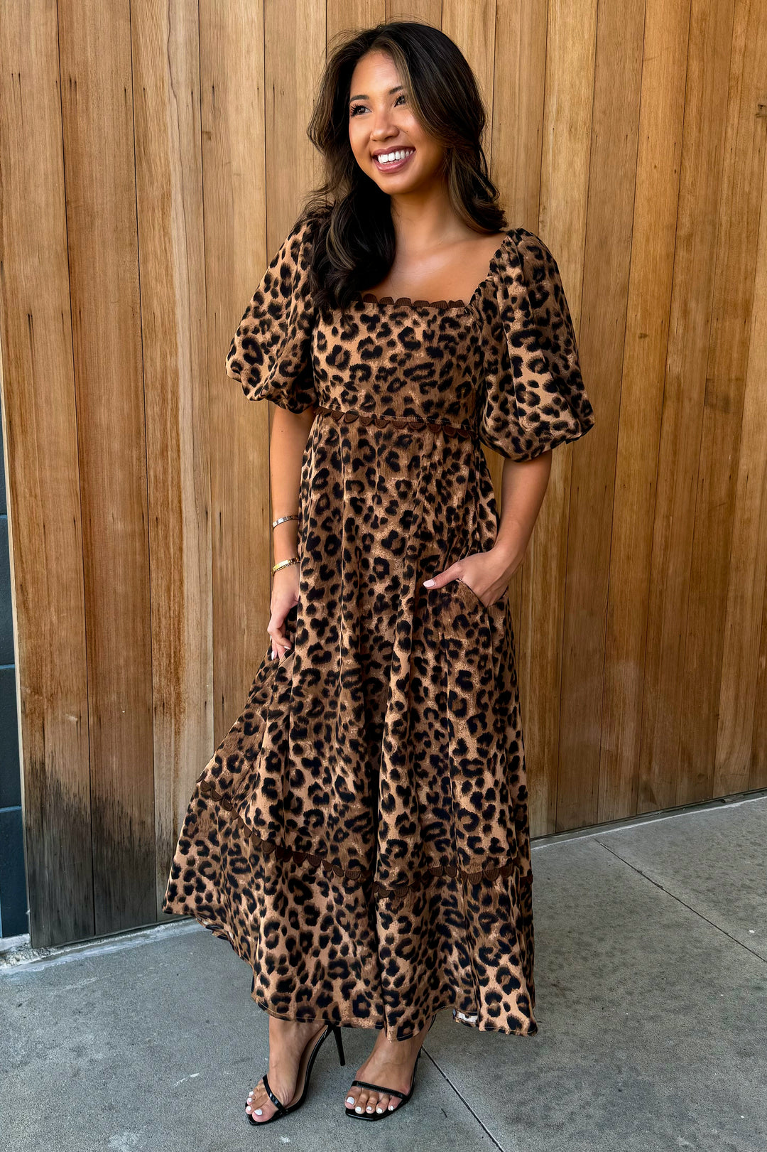 Spotted You Leopard puff sleeve Midi Dress