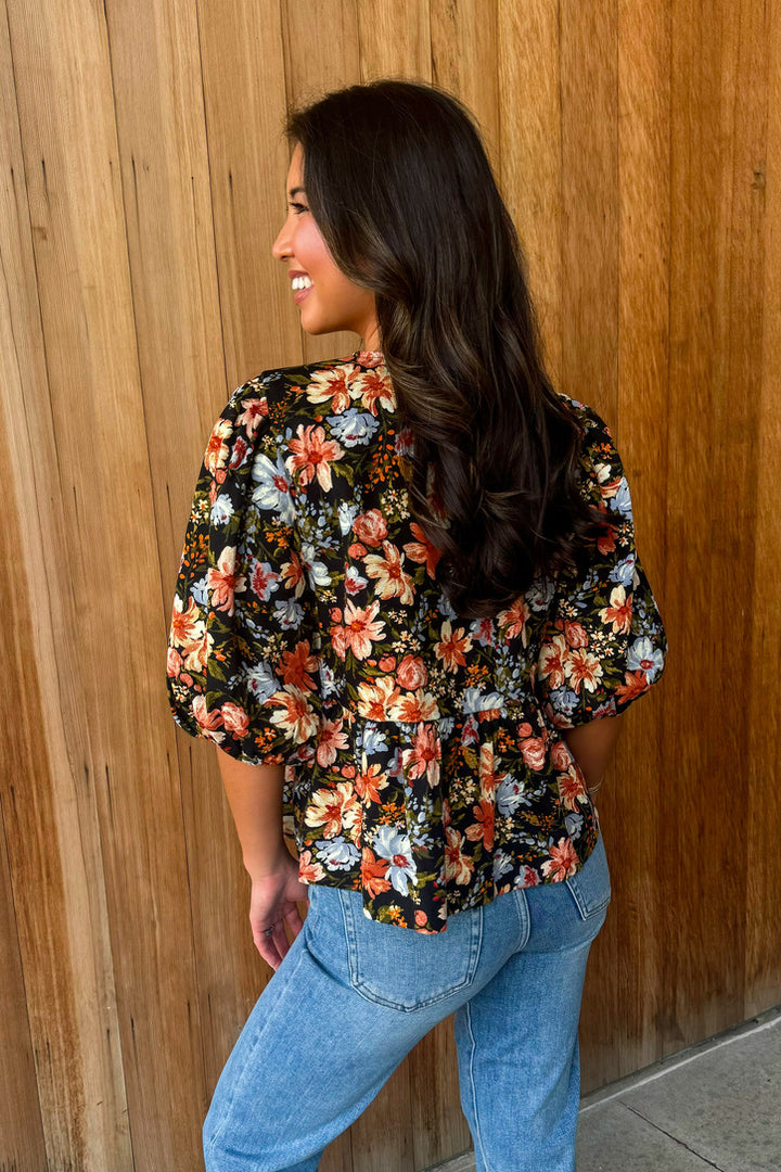 Tied To Perfection Black  Floral Bow Top