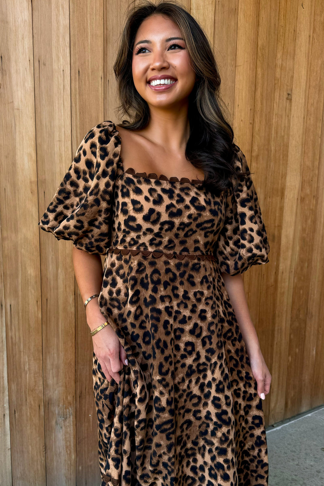 Spotted You Leopard puff sleeve Midi Dress