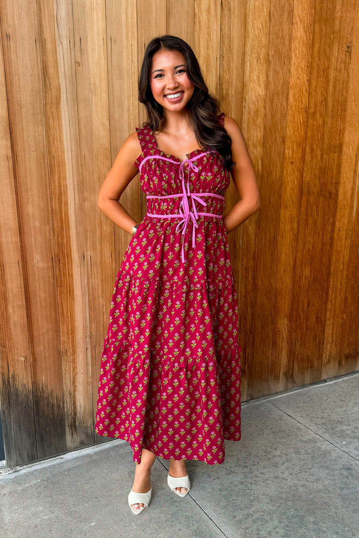 To be Loved Floral Tiered Midi Dress - Burgundy