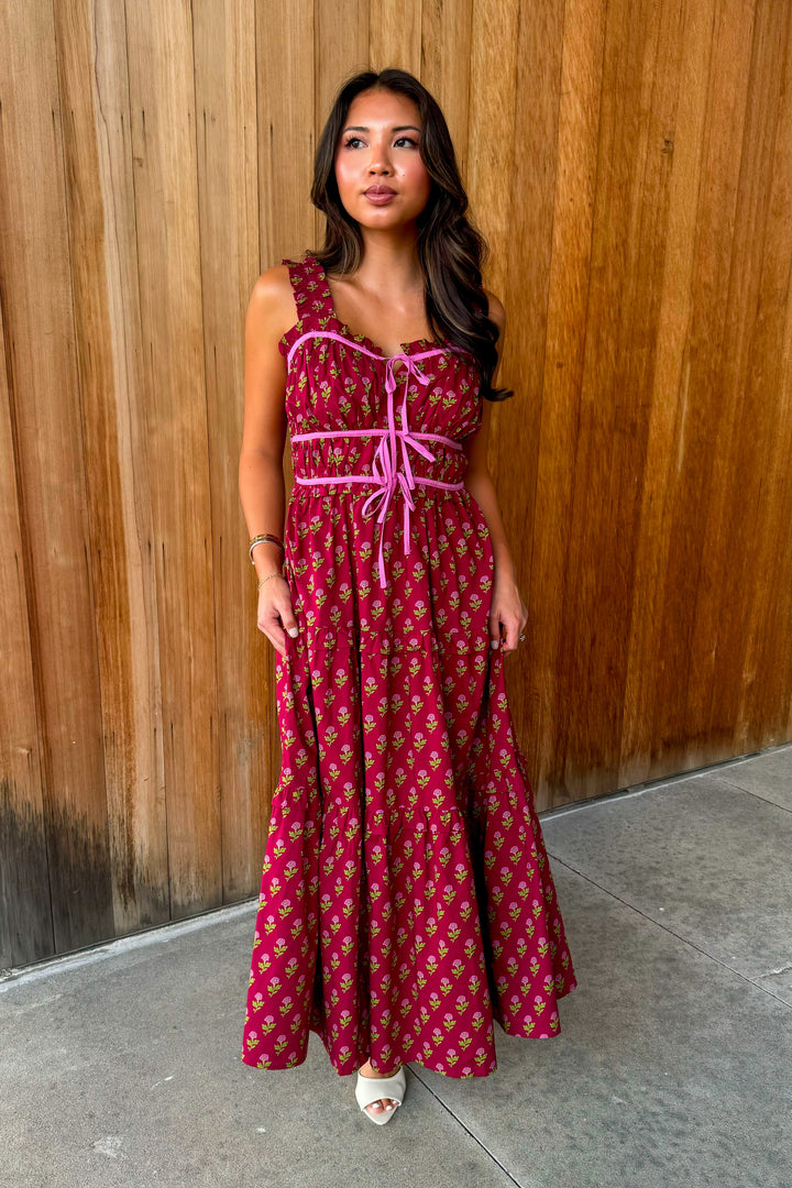 To be Loved Floral Tiered Midi Dress - Burgundy