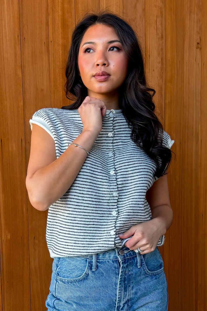 Piper Vest Cardigan-Ivory Black Striped