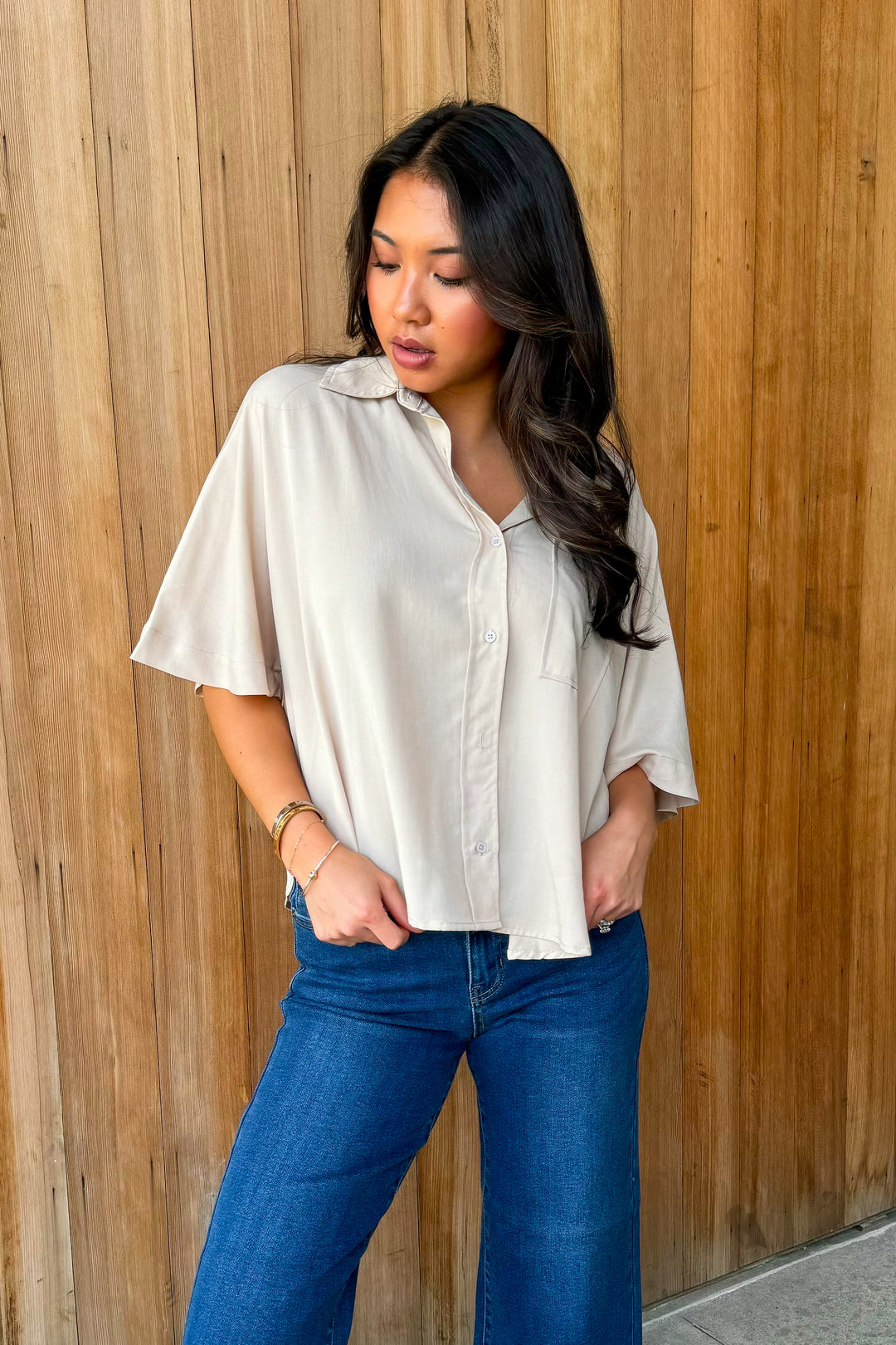 New Perspective Ecru Collared Top