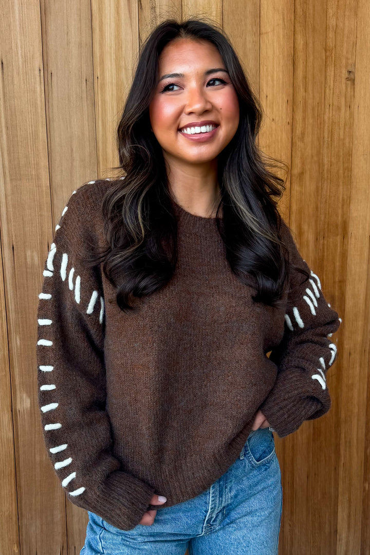 So Cool Contrast Stitch Sweater-Brown