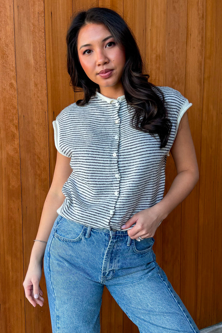 Piper Vest Cardigan-Ivory Black Striped