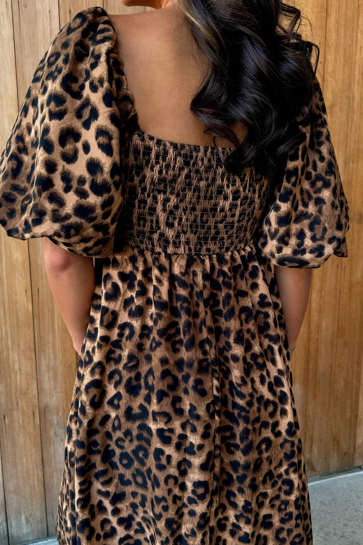 Spotted You Leopard puff sleeve Midi Dress